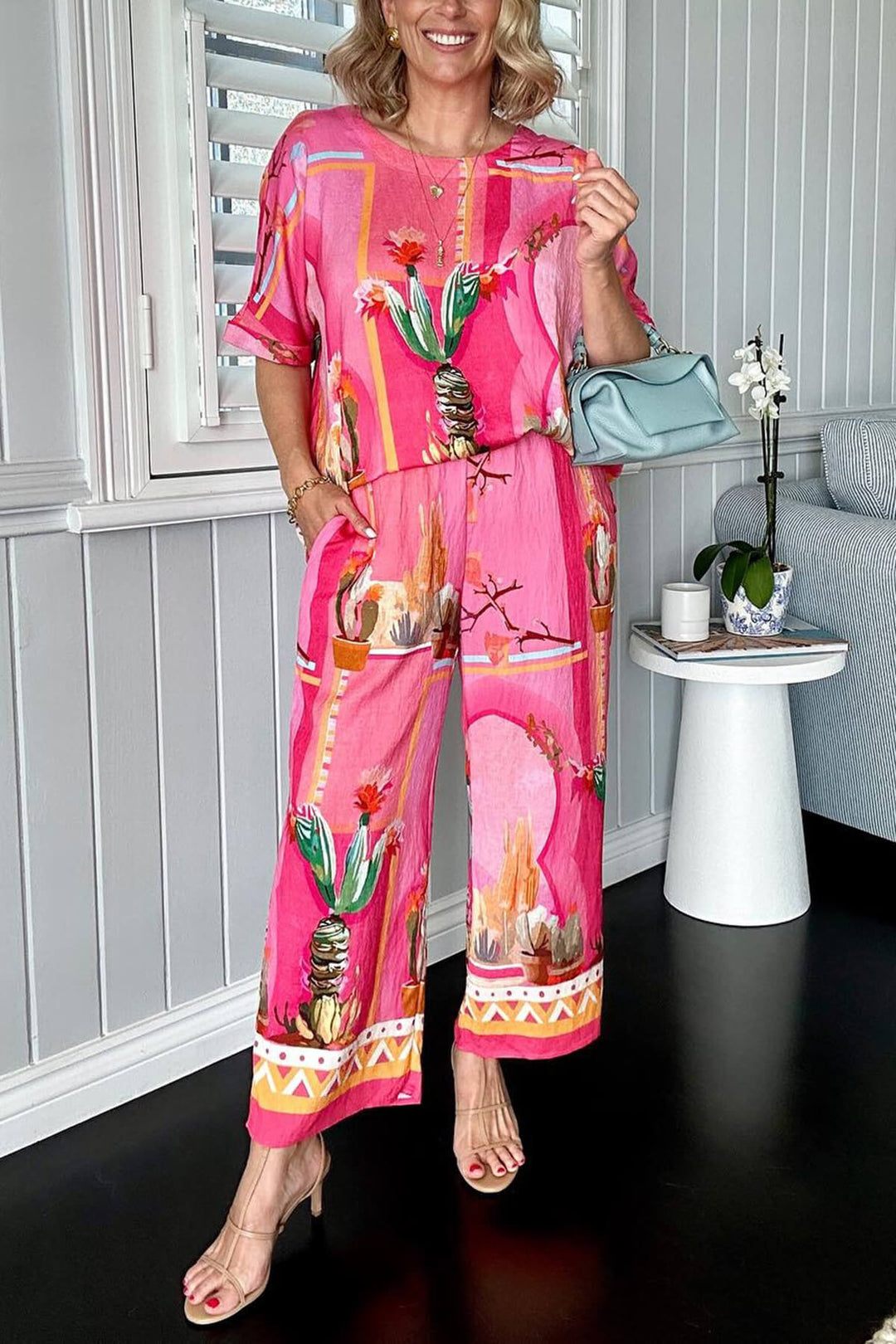 Unique Floral Print Loose-Fit Pockets Wide-Leg Pants