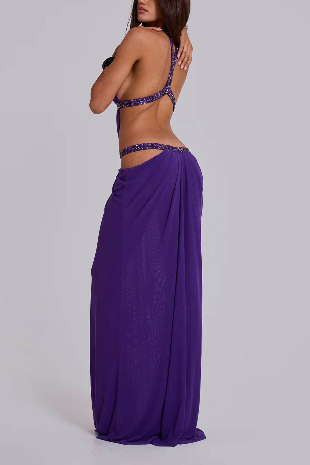 Elegant And Sexy Sequins Rhinestone Shoulder Strap Cutout Design Backless Drape Maxi Dress