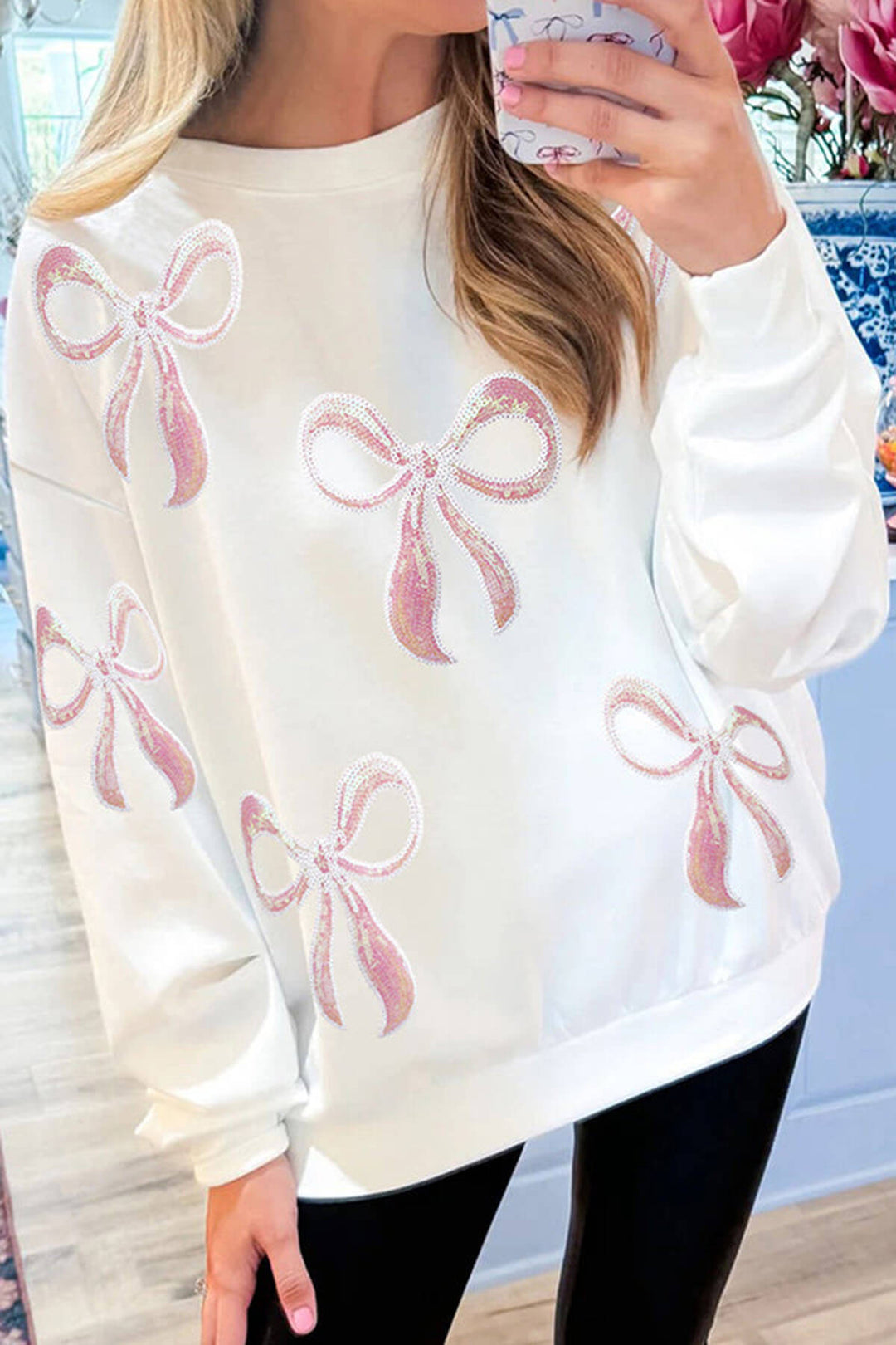 Sequined Bow Christmas Crew Neck Long-sleeved Loose Sweatshirt