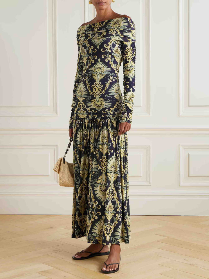Retro Floral Print Bateau Neckline Pleated Maxi Dress