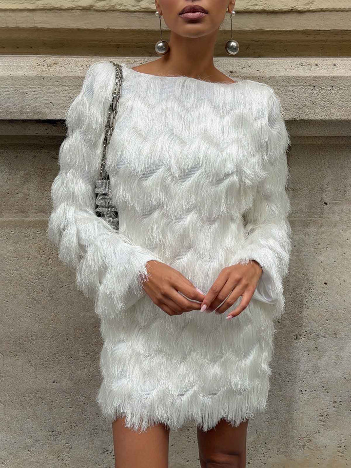 Elegant Textured Fringe Long-Sleeve Mini Dress