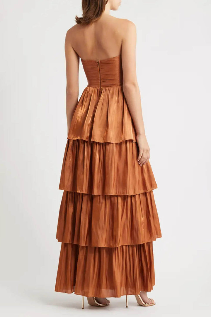 Exquisitely Pleated Strapless Layered Maxi Dress