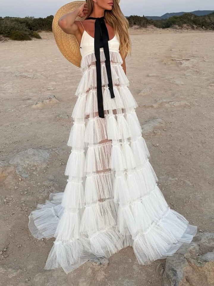 Elegant Ruched Mesh Splice A-Line Maxi Dress