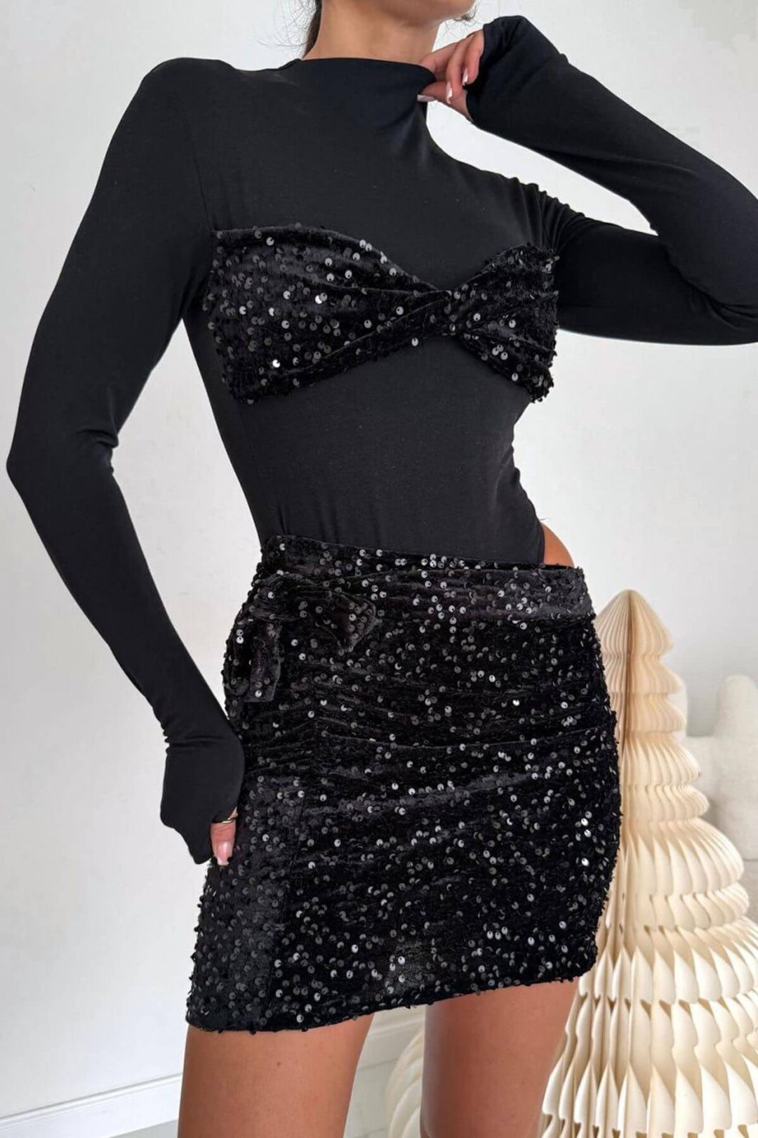 Delicate Sequin Panel Waist-Cut Mini Dress