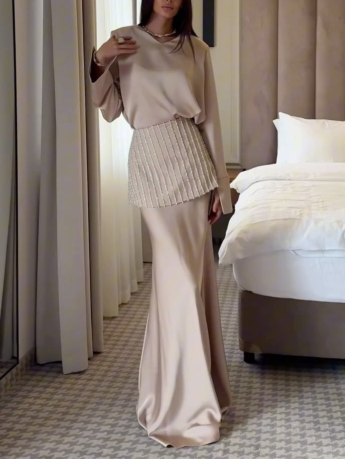 Elegant Layered Beaded Satin Maxi Skirt
