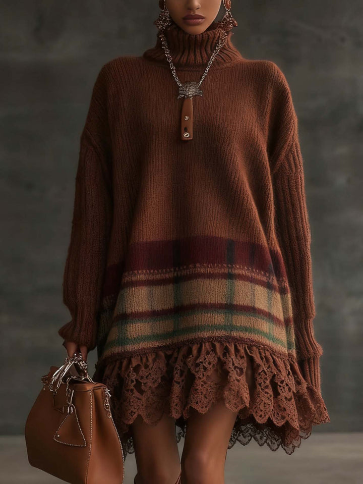 Elegant High-neck Plaid Sweater Dress
