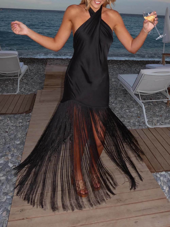 Fashionable Fringe Paneled  Draped Detail Open Back Maxi Dress