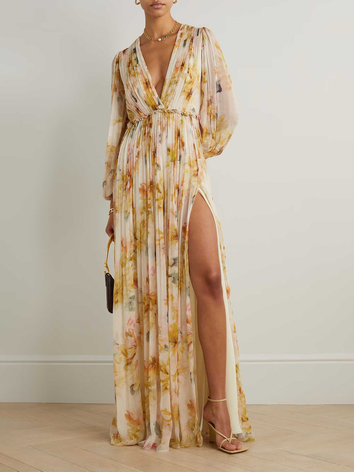 Exquisite V-neck Oil Painting Floral Print Pleated Chiffon Maxi Dress