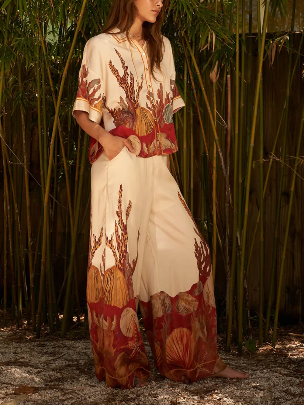 Exquisite Print High-Waisted Pocket Wide-Leg Pants