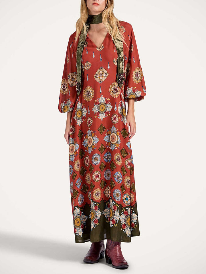 Elegant Satin Printed Shirt Collar Long Sleeve Maxi Dress