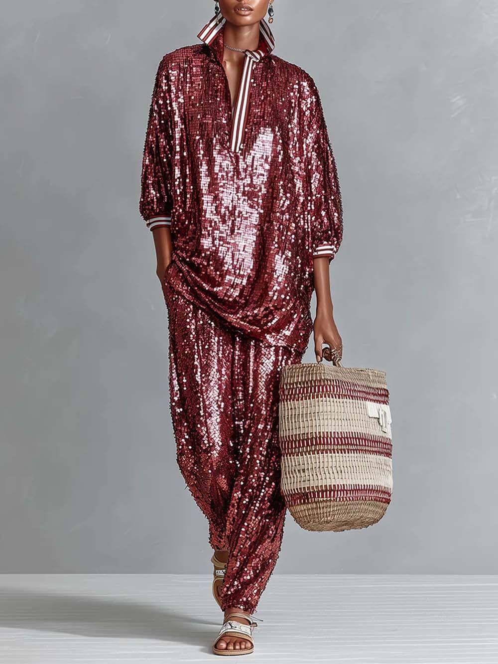Charming Sequin Stripe Trim Oversized Top