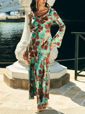 Elegant Satin Printed Bell Sleeve Maxi Dress