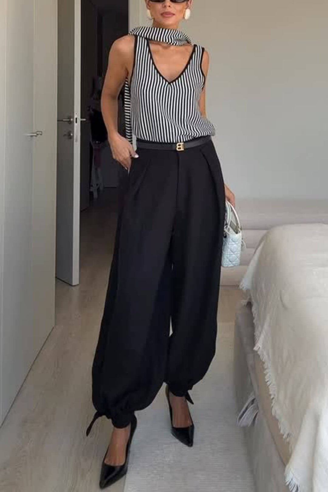 Casual Striped Print V-Neck Backless Cami Top