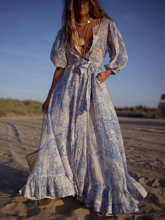Unique Floral Print Belted Single-breasted Shirt Maxi Dress