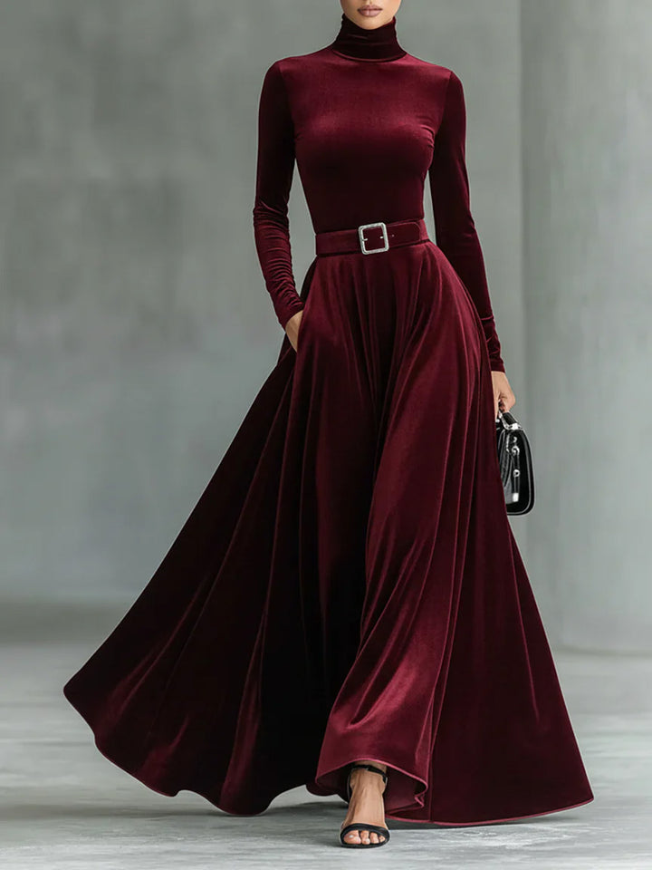 Elegant High-neck Velvet Long-sleeved Maxi Dress
