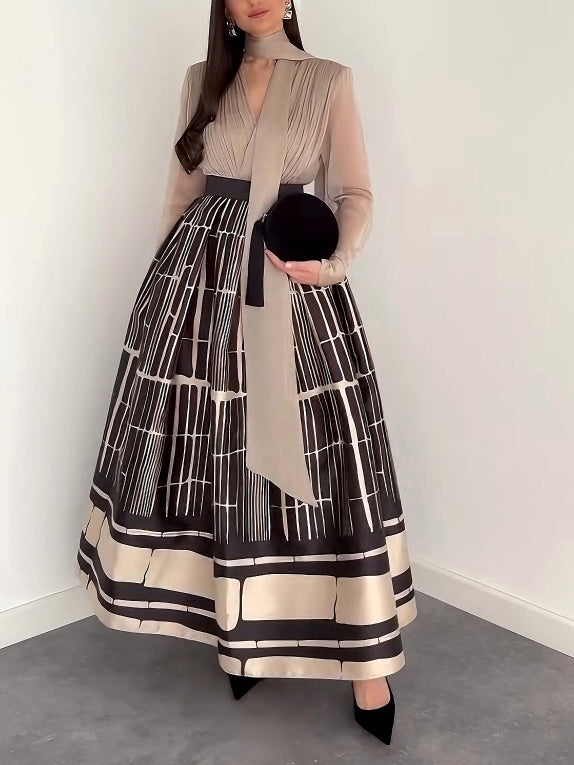 Elegant Satin Printed A-line Skirt Two-piece Set