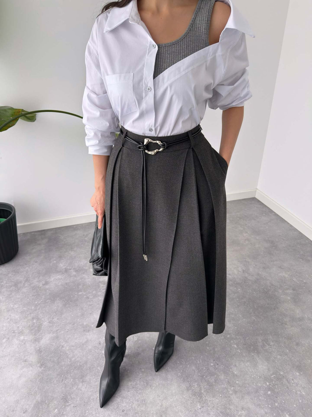 Modern Layered Shirt & High-Waisted Midi Skirt Two-Piece Set