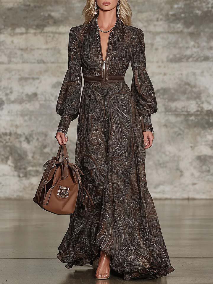 Retro Paisley Print Zipper Maxi Dress