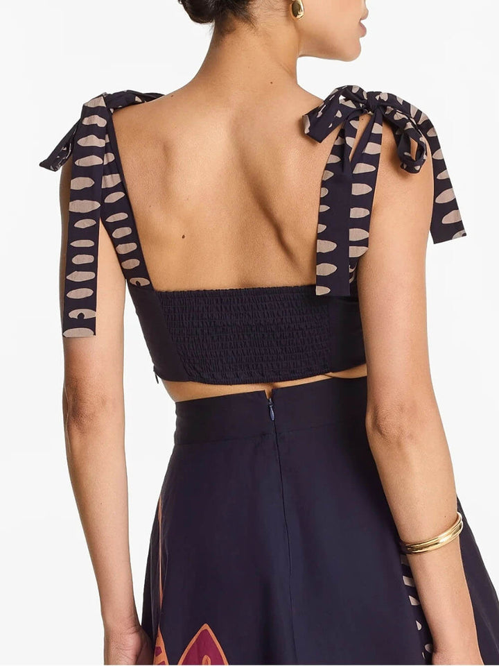 Exquisite Square-Neck Bow Tank Top And Printed A-Line High-Waist Midi Skirt Set