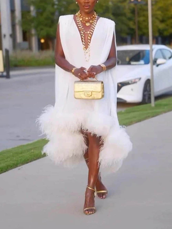 Elegant White Feather Patchwork Sleeveless Irregular Hem Midi Dress