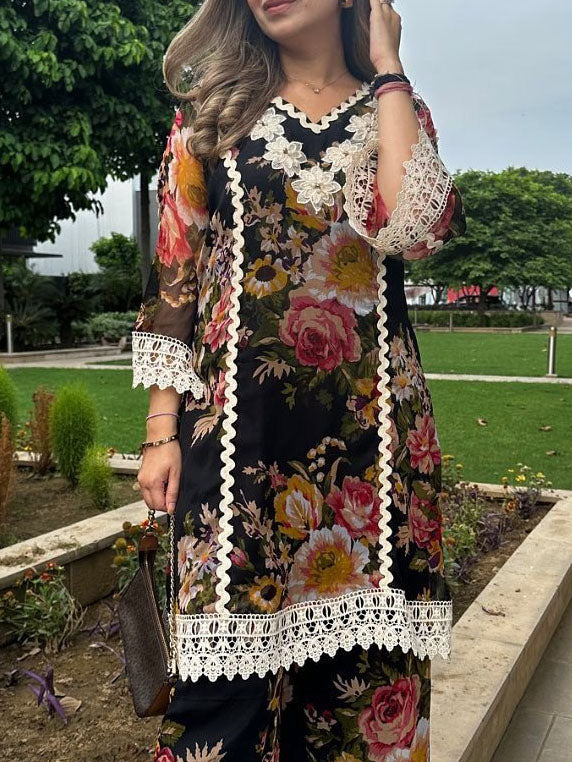 Elegant Floral Print Lace-Trim Long Shirt