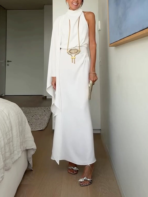 Elegantly Draped Cape-sleeved Satin Maxi Dress