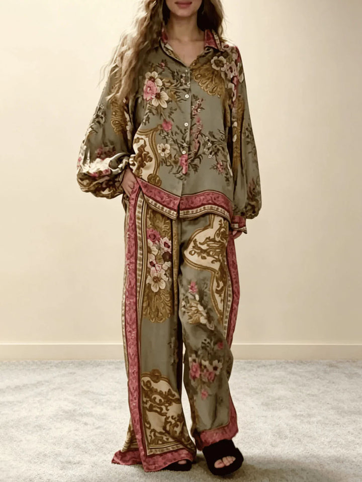 Retro Floral Baroque Print Satin Shirt & Wide-Leg Pants Set