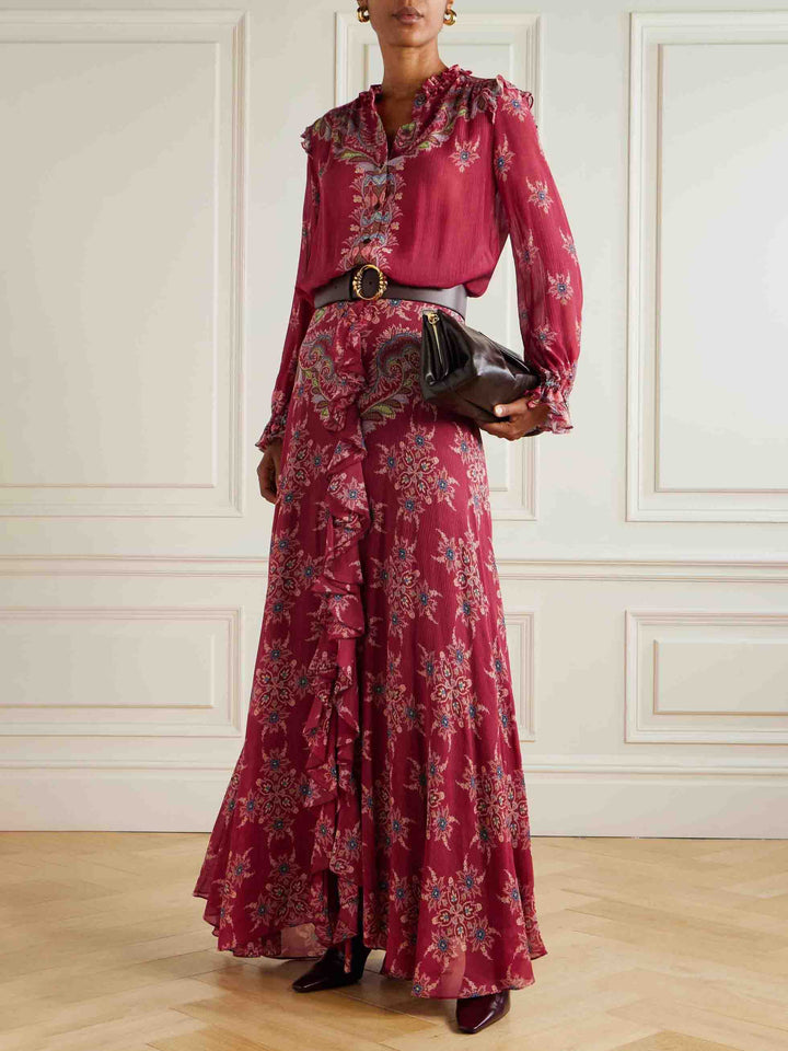 Exquisite Bohemian Ruffled Printed Chiffon Skirt