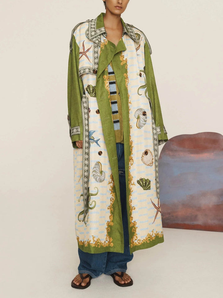 Unique Deep Sea Floral Print Loose Long Trench Coat