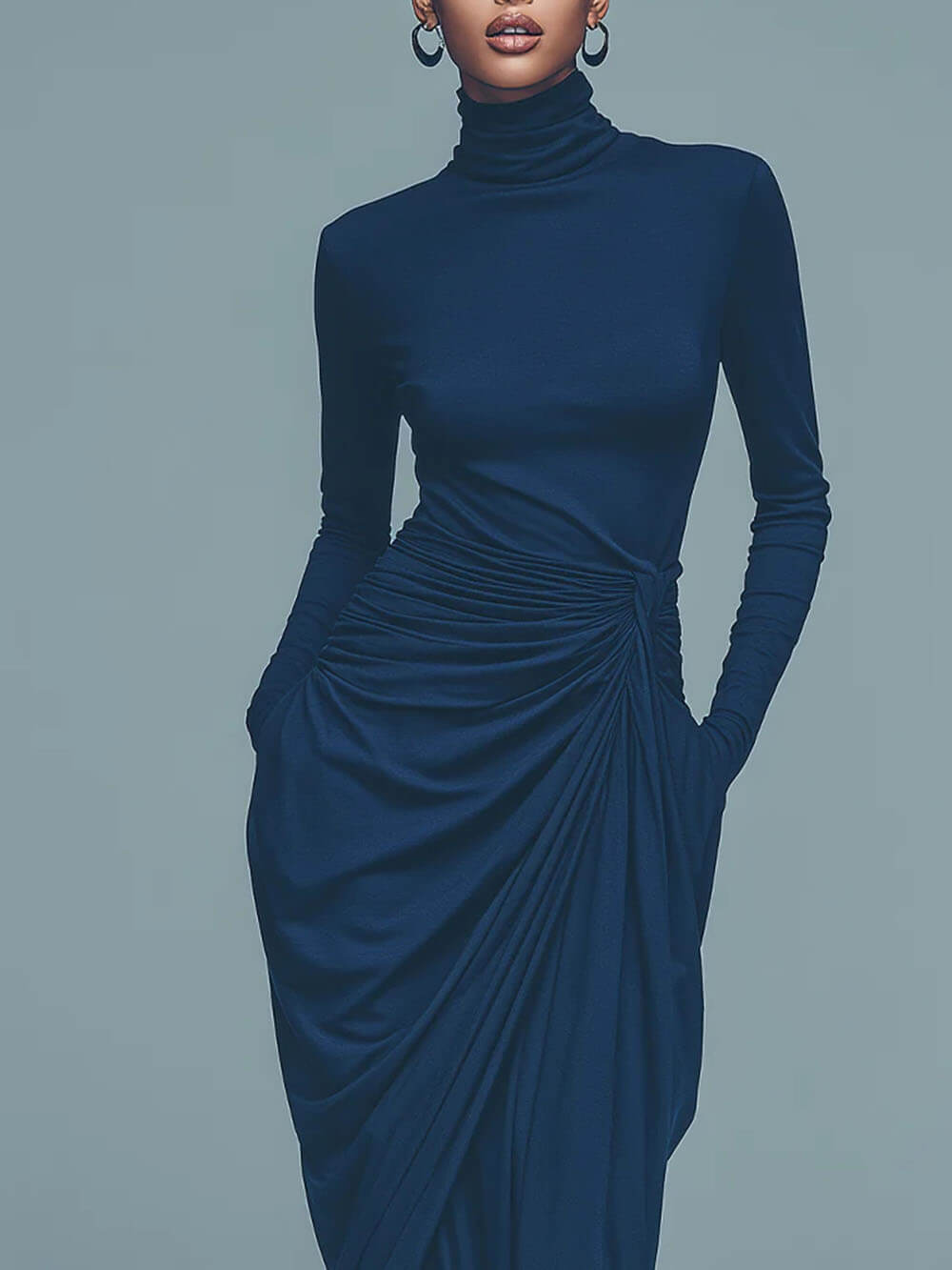 Elegant Turtleneck Draped Side Slit Midi Dress