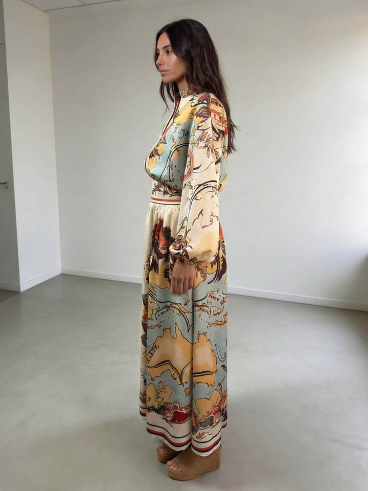 Retro Map Print Lantern Sleeve Shirt