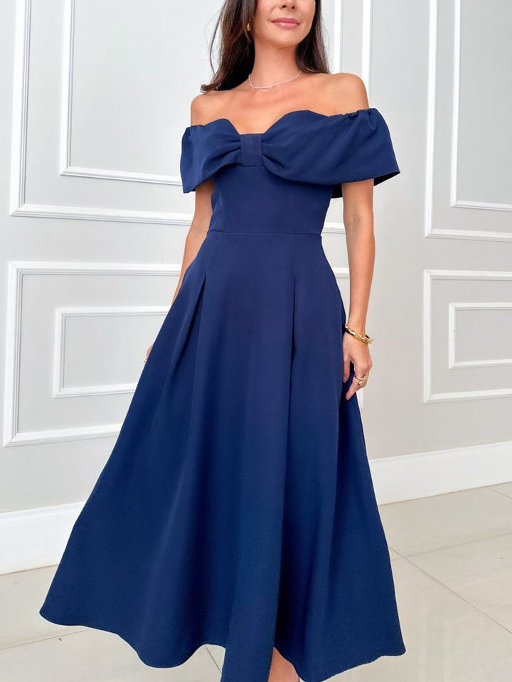 Elegant One-shoulder Bow Tie A-line Midi Dress