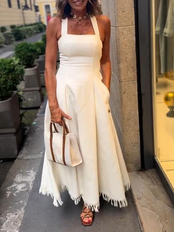 Elegant Square Neck Side Button Sleeveless Maxi Dress