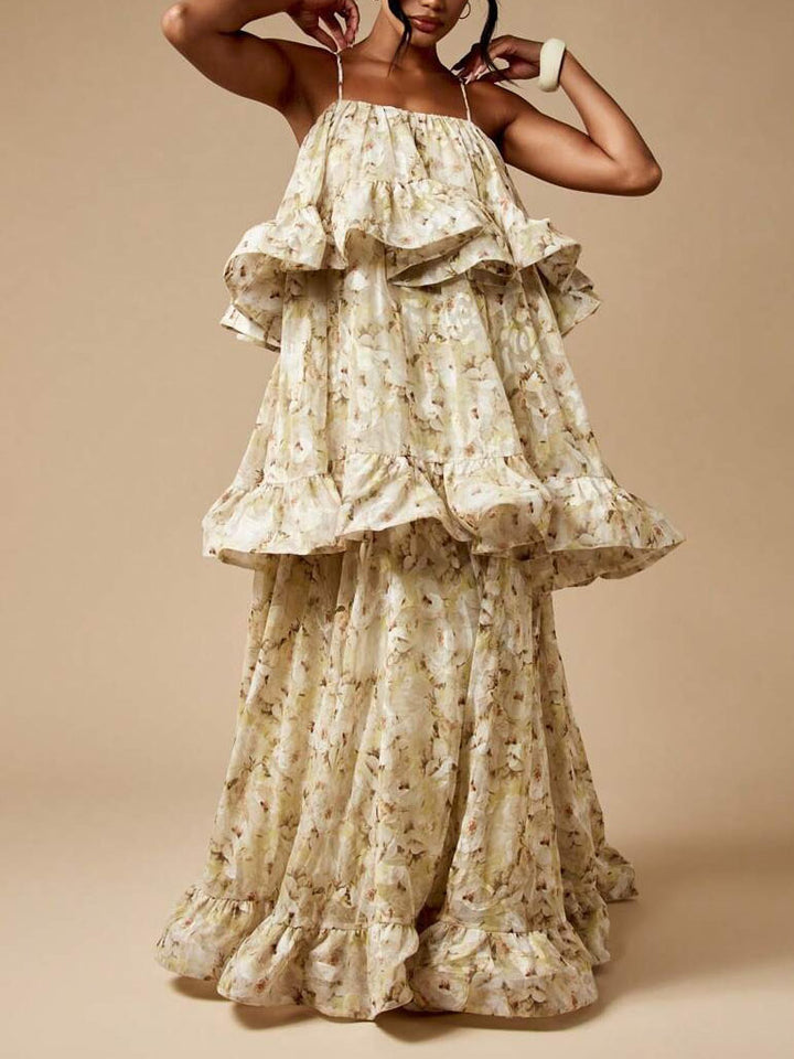 Elegant Floral Ruffled Layered Maxi Dress