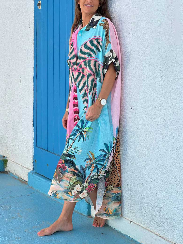 Unique Tung Palm Print Single-Breasted Shirt Maxi Dress