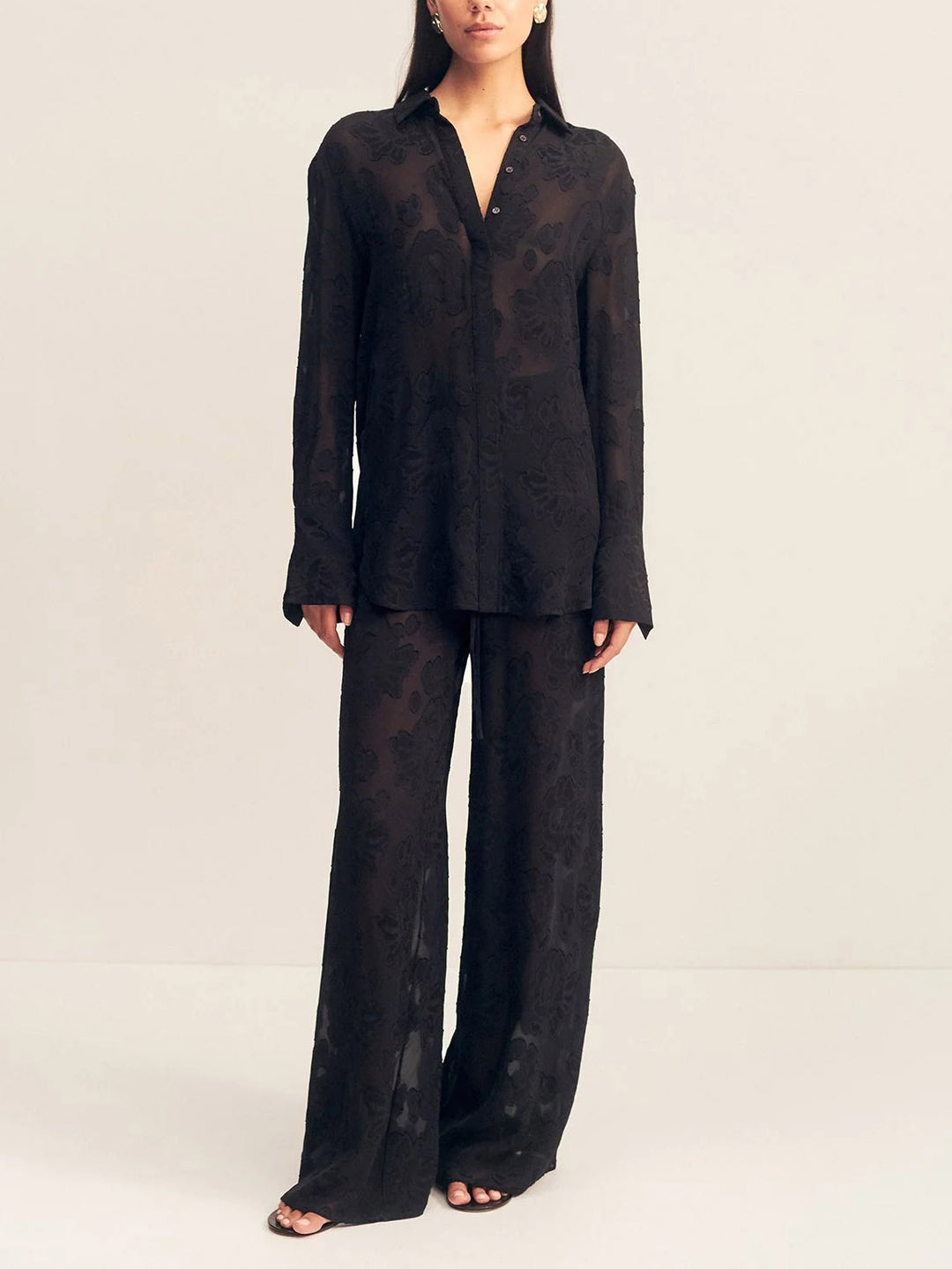 Elegant Sheer Jacquard Wide-Leg Pants