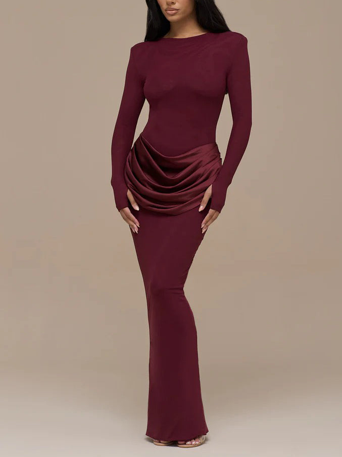 Elegant Pleated Long-sleeved Slim-fit Maxi Dress
