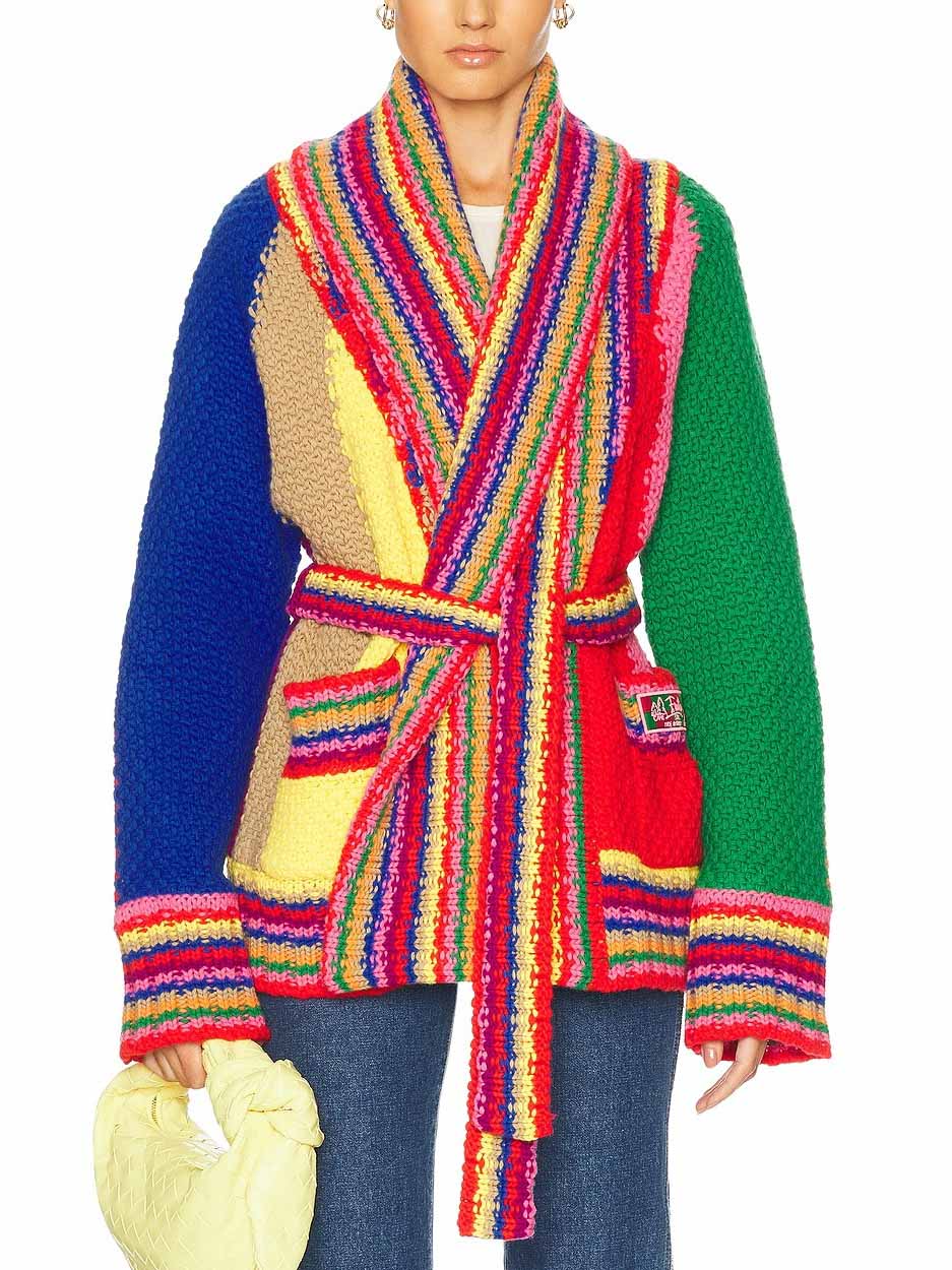 Unique Color-Block Hand-Knitted Belted Cardigan