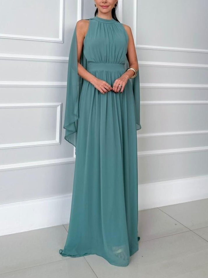 Elegant High-neck Cape Chiffon Flowing Long Dress