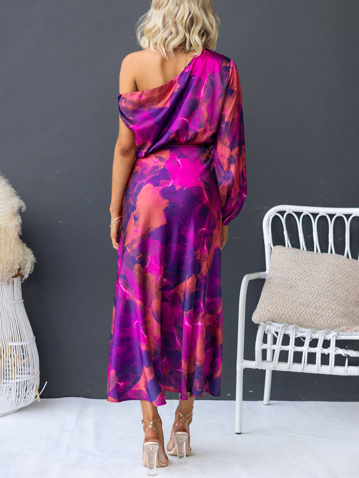 Exquisite Satin Floral Print One Shoulder Balloon Sleeve Tie-up Maxi Dress