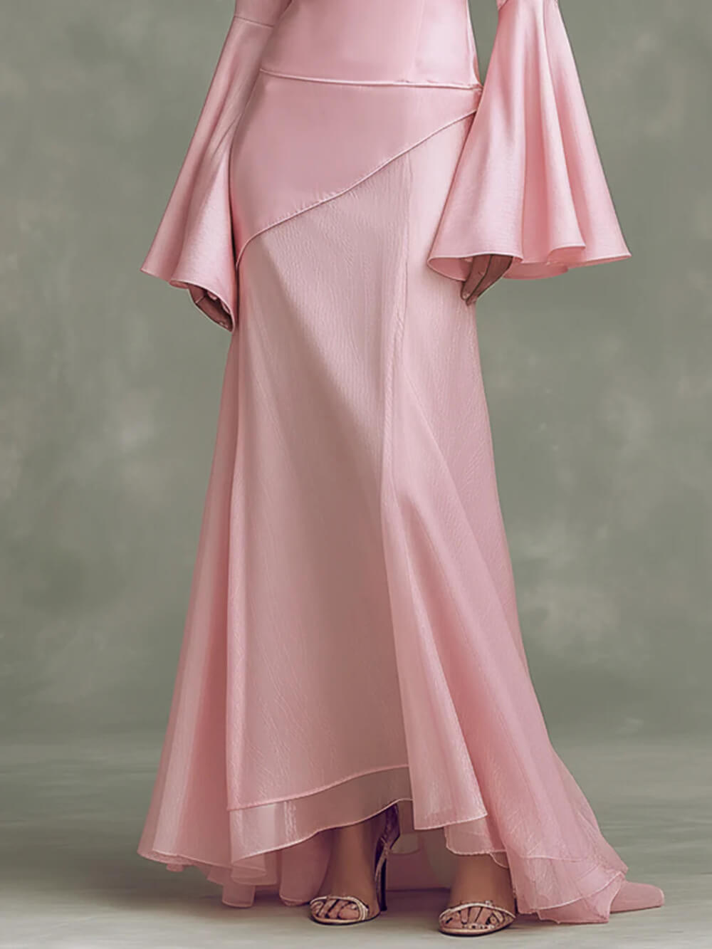 Elegant Minimalist Bell-Sleeve Satin-Panel A-Line Maxi Dress