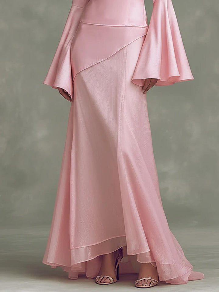 Elegant Minimalist Bell-Sleeve Satin-Panel A-Line Maxi Dress