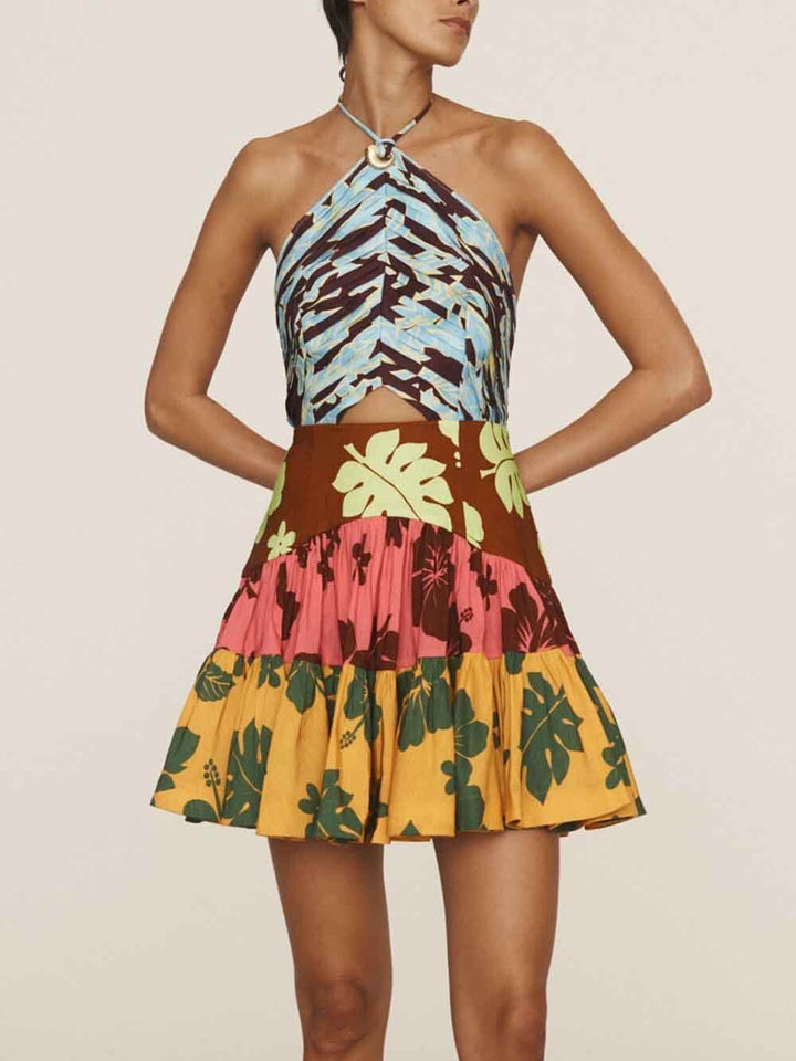 Vintage Unique Poppy Flower Print Patchwork Halter Neck Mini Dress