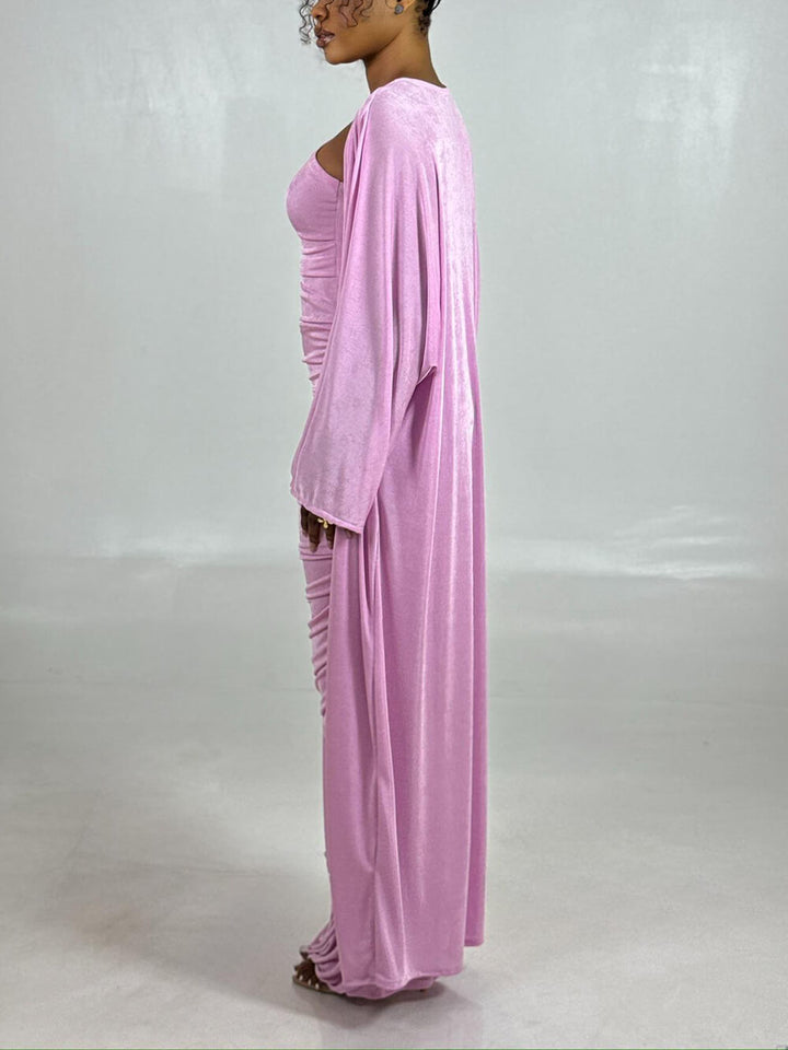 Elegant One-Shoulder Ruched Pink Maxi Dress With Long-Sleeve Cardigan Set