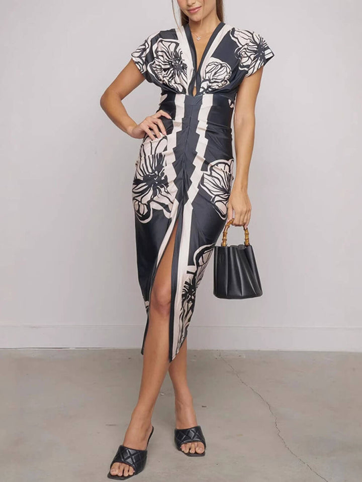 Unique Bella Contrast Color Unique Print Dolman Sleeve Ruched Slit Midi Dress