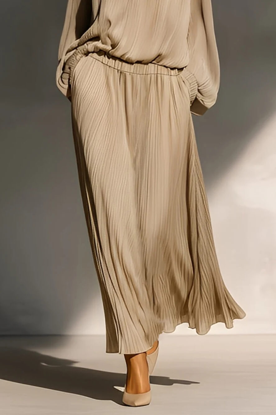 Modern Casual Chiffon Ruffle Top and Pleated Elastic-Waist Skirt Set