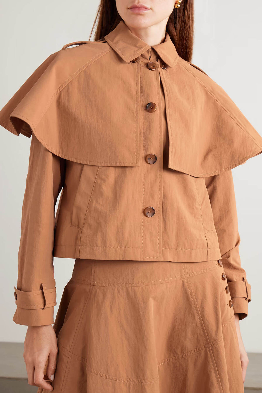 Delicate Button-Detail Ruched Shell-Texture Midi Skirt