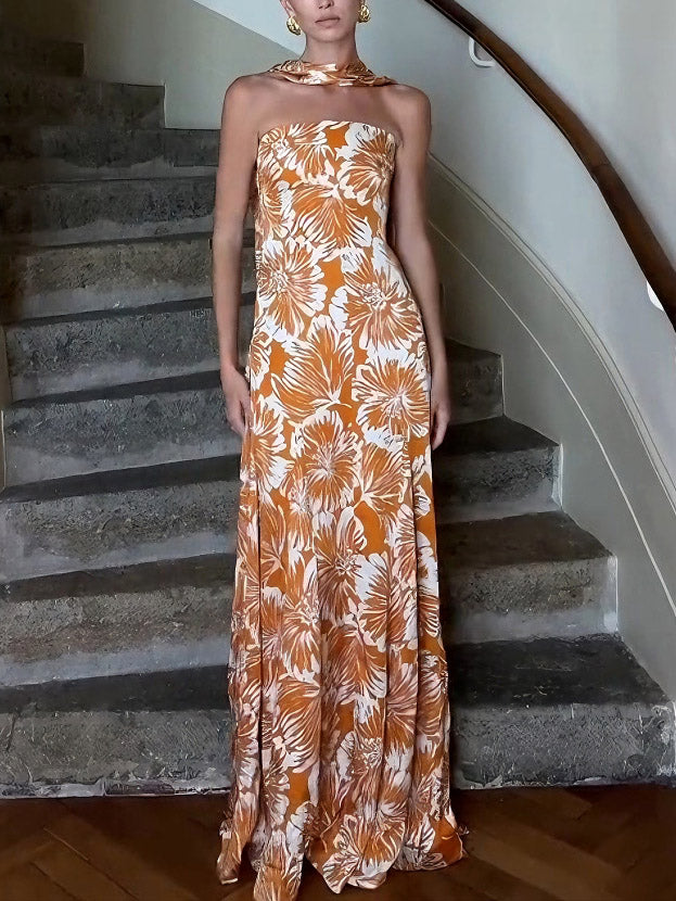 Elegant Watercolor Floral Print Ribbon Maxi Dress
