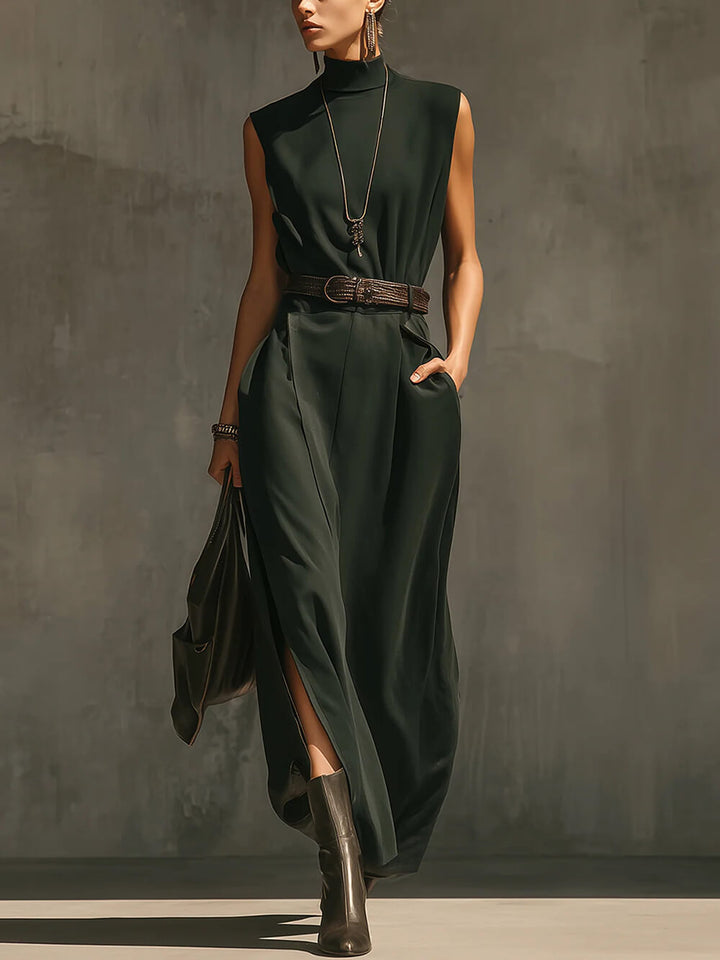 Elegant Green Woven Sleeveless High-Neck Tie-Waist Maxi Dress