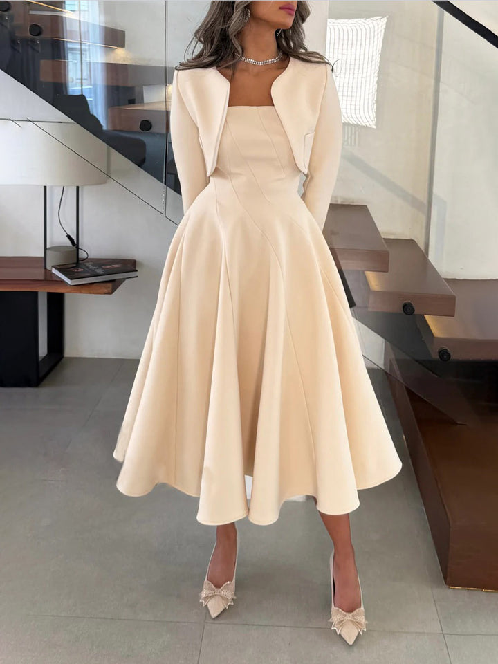 Elegant Long-sleeved Cropped Blazer And Midi Dress Set